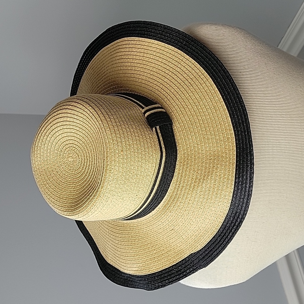 Classic Tan Black Band Trim Summer Vacation‎ Beach Boho Retro Paper Sun Hat OS